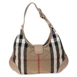 Pre Owned Burberry Beige Quilted House Check Canvas and Leather Brooke Hobo 