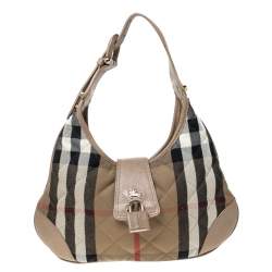 Pre Owned Burberry Beige Quilted House Check Canvas and Leather Brooke Hobo 