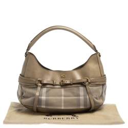Burberry Beige House Check Leather and Canvas Belted Hobo