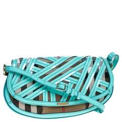 مملوكة مسبقًا Burberry Turquoise/Beige Patent Leather and House Check Canvas Lilford Shoulder Bag