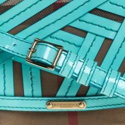مملوكة مسبقًا Burberry Turquoise/Beige Patent Leather and House Check Canvas Lilford Shoulder Bag