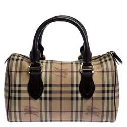 مملوكة مسبقًا Burberry Brown Canvas Leather Horse Ferry Check Boston Bag