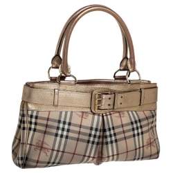 Burberry Beige/Gold Haymarket Check Coated Canvas and Leather Bridle Tote