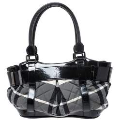 Pre Owned Burberry Black/Grey Beat Check Nylon and Patent Leather Small Healy Tote