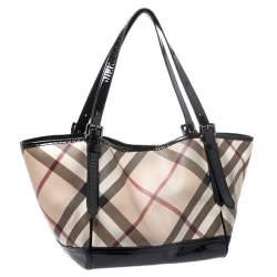 Pre Owned Burberry Beige/Black PVC and Patent Leather Nova Check Tote
