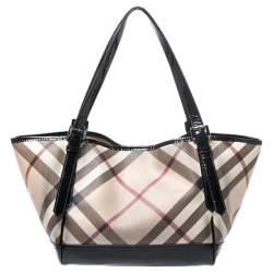 Pre Owned Burberry Beige/Black PVC and Patent Leather Nova Check Tote