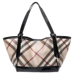 Pre Owned Burberry Beige/Black PVC and Patent Leather Nova Check Tote