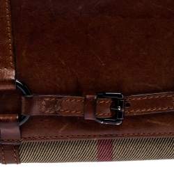 Pre Owned Burberry Brown/Beige House Check Canvas and Leather Buckle Flap Wallet