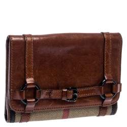 Pre Owned Burberry Brown/Beige House Check Canvas and Leather Buckle Flap Wallet