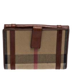 Pre Owned Burberry Brown/Beige House Check Canvas and Leather Buckle Flap Wallet