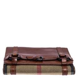 Pre Owned Burberry Brown/Beige House Check Canvas and Leather Buckle Flap Wallet