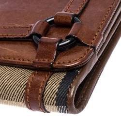 Pre Owned Burberry Brown/Beige House Check Canvas and Leather Buckle Flap Wallet