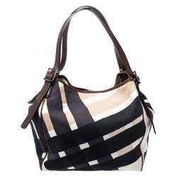 Pre Owned Burberry Dark Brown/Beige Nova Check Canvas and Leather Tote