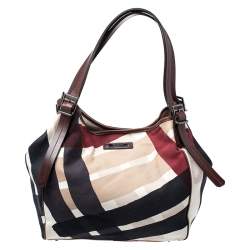 Pre Owned Burberry Dark Brown/Beige Nova Check Canvas and Leather Tote