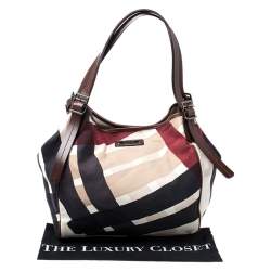 Pre Owned Burberry Dark Brown/Beige Nova Check Canvas and Leather Tote
