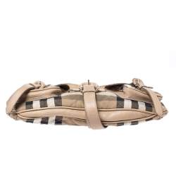 Pre Owned حقيبة كتف بربري جيب إبزيم مزدوج جلد وكانفاس كاروهات هايماركت بيج 