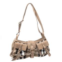 Pre Owned حقيبة كتف بربري جيب إبزيم مزدوج جلد وكانفاس كاروهات هايماركت بيج 