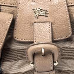 Pre Owned حقيبة كتف بربري جيب إبزيم مزدوج جلد وكانفاس كاروهات هايماركت بيج 