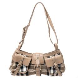 Pre Owned حقيبة كتف بربري جيب إبزيم مزدوج جلد وكانفاس كاروهات هايماركت بيج 