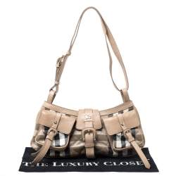 Pre Owned حقيبة كتف بربري جيب إبزيم مزدوج جلد وكانفاس كاروهات هايماركت بيج 