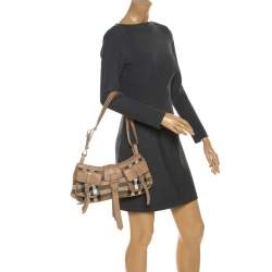 Pre Owned حقيبة كتف بربري جيب إبزيم مزدوج جلد وكانفاس كاروهات هايماركت بيج 