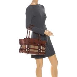 Pre Owned Burberry Brown Leather Bridle House Check Canvas Satchel