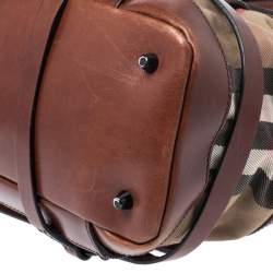 Pre Owned Burberry Brown Leather Bridle House Check Canvas Satchel