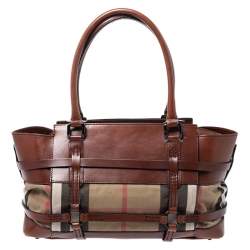 Pre Owned Burberry Brown Leather Bridle House Check Canvas Satchel