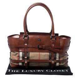 Pre Owned Burberry Brown Leather Bridle House Check Canvas Satchel