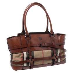 Pre Owned Burberry Brown Leather Bridle House Check Canvas Satchel
