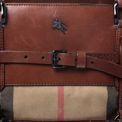 Pre Owned Burberry Brown Leather Bridle House Check Canvas Satchel