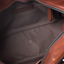 Pre Owned Burberry Brown Leather Bridle House Check Canvas Satchel