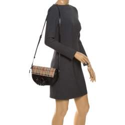 Pre Owned Burberry Black Haymarket Check Leather Maydown Crossbody Bag