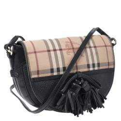 Pre Owned Burberry Black Haymarket Check Leather Maydown Crossbody Bag