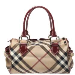 Pre Owned حقيبة بربري ناوتيكال ساتشيل جلد و كانفاس مربعات نوفا أحمر و بيج