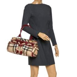 Pre Owned حقيبة بربري ناوتيكال ساتشيل جلد و كانفاس مربعات نوفا أحمر و بيج