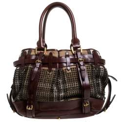 Pre Owned  Burberry Dark Brown Canvas and Leather Large Rowan Studded Tote