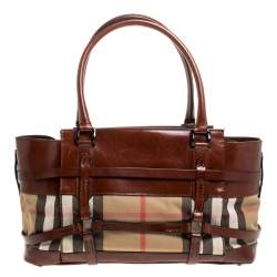 Pre Owned Burberry Brown Leather House Check Bridle Satchel