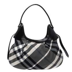 Pre Owned Burberry Grey/Black Beat Check Nylon and Patent Leather Small Brooklyn Hobo