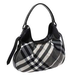 Pre Owned Burberry Grey/Black Beat Check Nylon and Patent Leather Small Brooklyn Hobo