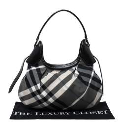Pre Owned Burberry Grey/Black Beat Check Nylon and Patent Leather Small Brooklyn Hobo