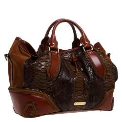 Pre Owned حقيبة كتف بربري أربطة سويدي وجلد وجلد ثعبان بنية