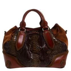 Pre Owned حقيبة كتف بربري أربطة سويدي وجلد وجلد ثعبان بنية