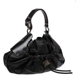Pre Owned Burberry Black Leather Warrior Drawstring Hobo