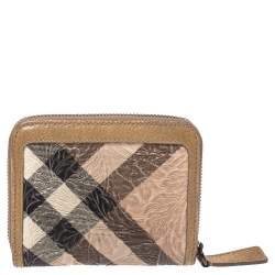 Pre Owned Burberry Beige Floral Embossed Nova Check PVC and Leather Zip Around Compact Wallet