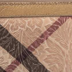 Pre Owned Burberry Beige Floral Embossed Nova Check PVC and Leather Zip Around Compact Wallet