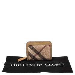Pre Owned Burberry Beige Floral Embossed Nova Check PVC and Leather Zip Around Compact Wallet