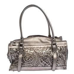 Pre Owned Burberry Metallic Grey Laser Cut Leather Satchel