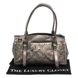 Pre Owned Burberry Metallic Grey Laser Cut Leather Satchel