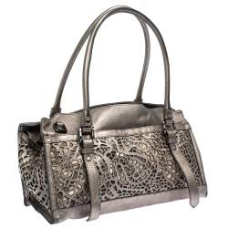 Pre Owned Burberry Metallic Grey Laser Cut Leather Satchel